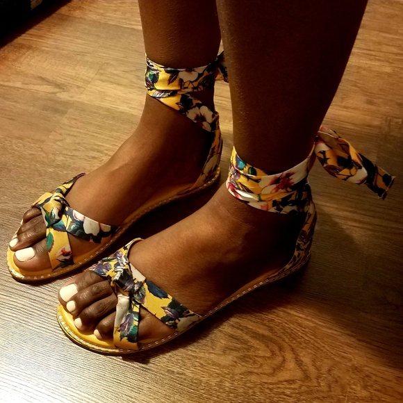 New! Mustard Floral Ankle Tie Sandal Flats - Picture 4 of 4